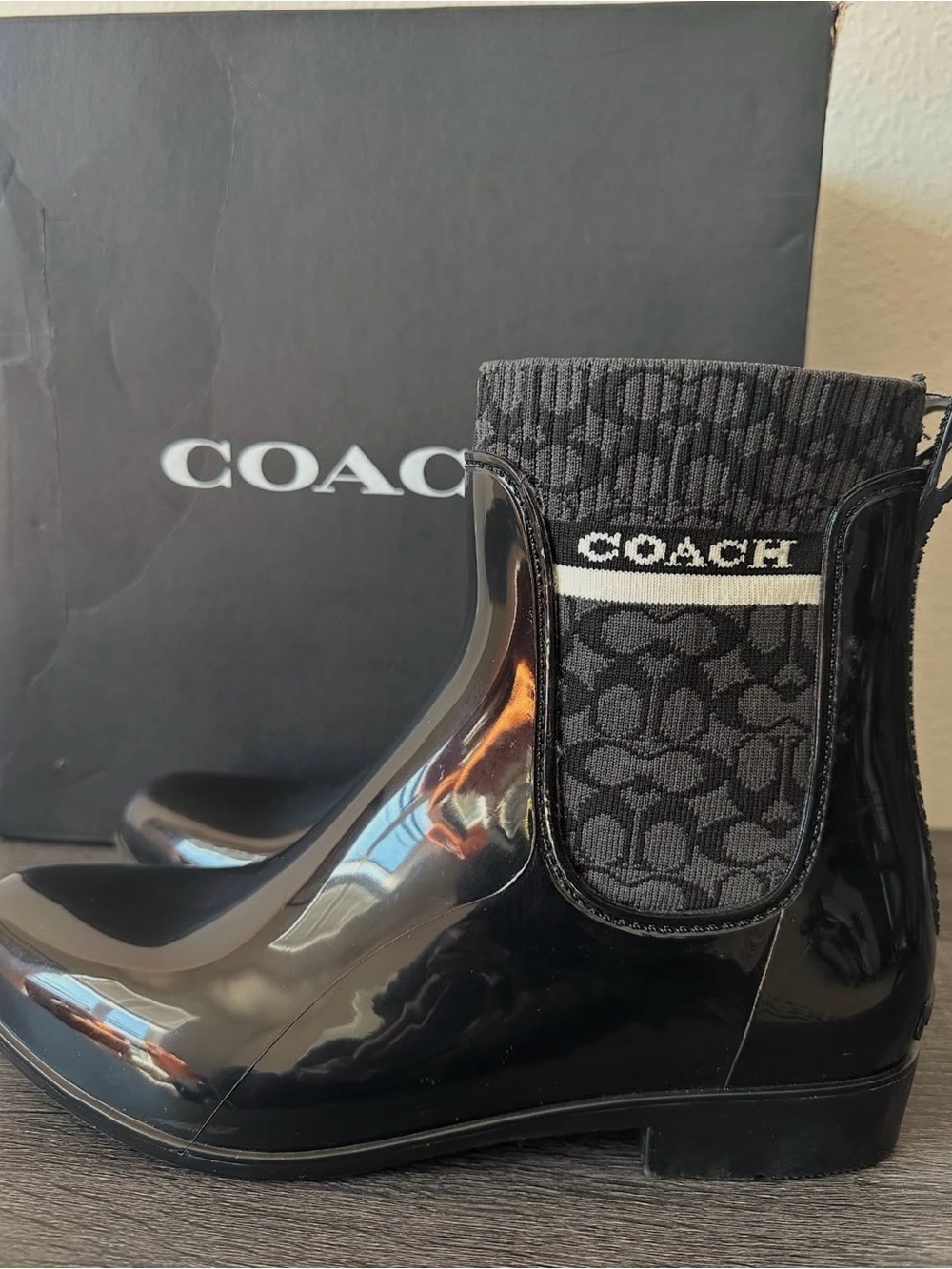 Coach Black Patent Chelsea Booties with Signature Knit Ankle